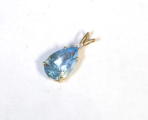 14K Solid Yellow Gold Small Aquamarine & Diamond Teardrop Pendant 22mm  2.5 gr - Picture 1 of 9