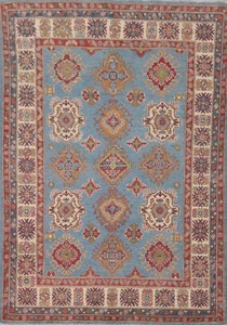 Light Blue Super Kazak Rug 5x7 Oriental Handmade Geometric Vegetable Dye Carpet - Picture 1 of 21