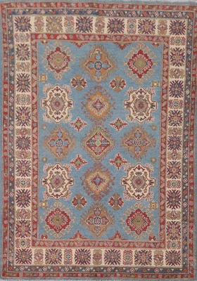 Light Blue Super Kazak Rug 5x7 Oriental Handmade Geometric Vegetable Dye Carpet - Image 1 of 4
