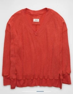 American Eagle Women’s Oversized Big Hug V-Neck Waffle Sweatshirt Red M - Picture 1 of 5