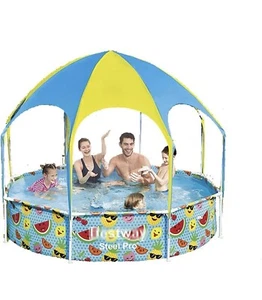 Bestway Covered Pool with Water Mister & Shade 8 ft Steel Pro Round NEW in Box - Picture 1 of 11