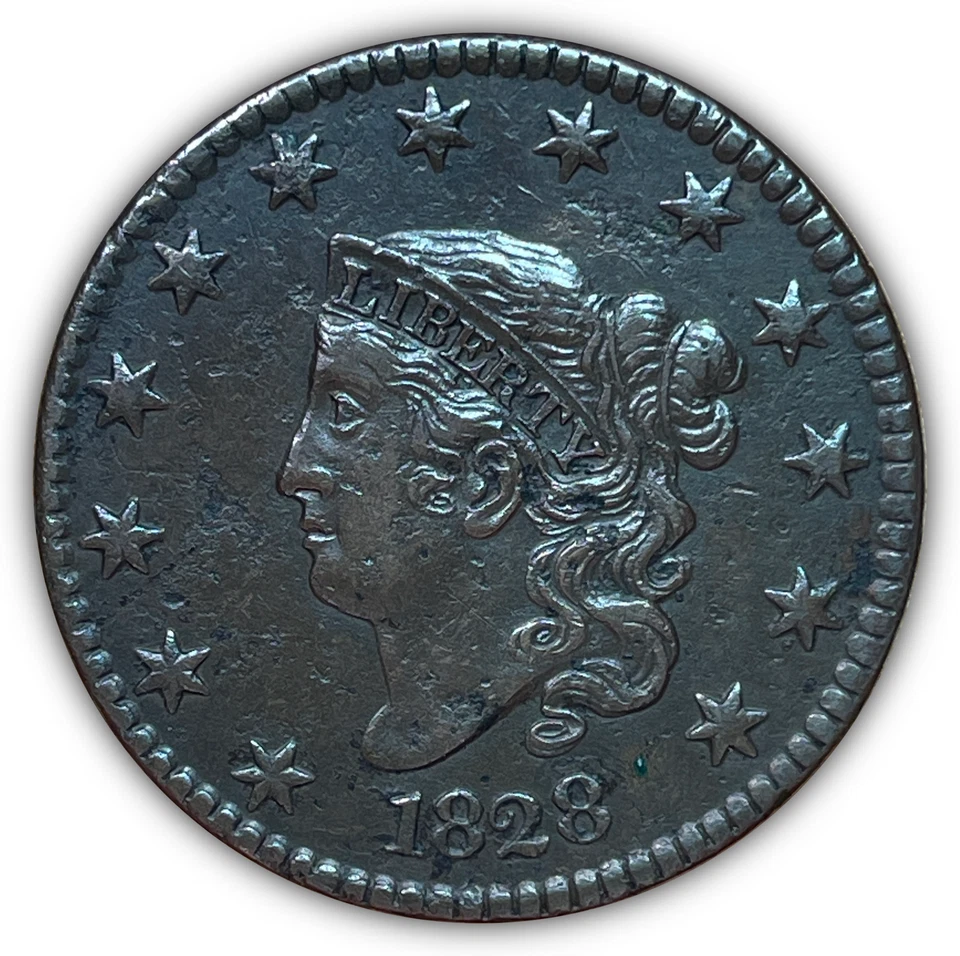 Centavo grande cabeza corona fecha pequeña 1828 casi sin circular AU detalles de la moneda Foto 1 de 3