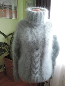 Strick Pullover Uni Rollkragen hoch Zopf Mohair XL grob dick Pastellblau Zopf - Bild 1 von 1