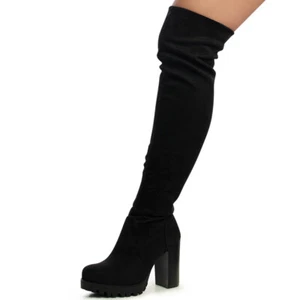 Scarpe donna stivali sopra il ginocchio elasticizzati plateau sopra il ginocchio stivali scamosciati  - Foto 1 di 6