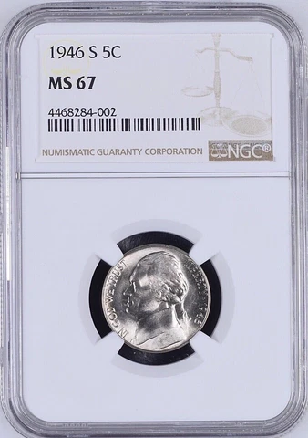 1946-S 5C JEFFERSON NICKEL SUPERB NGC MS 67 LOW POP RARITY R5 HIGHEST GRADES Cover
