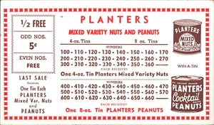 1940s PLANTERS MIXED NUTS & PEANUTS brown store card game MR. PEANUT, WIN-A-TIN - Picture 1 of 1