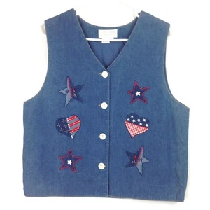 Patriotic Denim Vest Size XL by Casey Coleman 100% Cotton Jean Mother Of Pearl - Picture 1 of 3