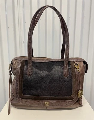 Elliott Lucca Brown Leather Calf Hair Logo Large Shoulder Tote Handbag - Image 1 of 4