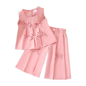 Top bambina bambina con pantaloni bambino 2 pezzi fiocco abiti estivi battesimo cami - Foto 1 di 19