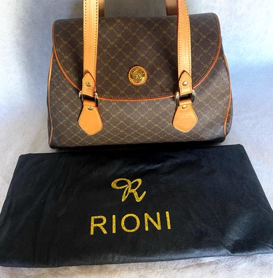 RIONI Signature Moda Italia Large Brown Monogram Print Flap Shoulder Bag Purse - Image 1 of 4