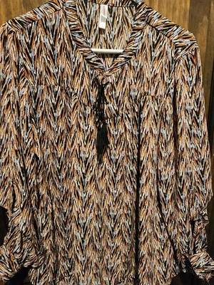 Blusa Boho Otoño Mujer Marrón Azul Chevron Manga Larga Borla Alta-Baja Corbata 2X Foto 1 de 4