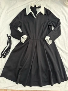 VTG 70s Black Long Sleeve Dress W/ Tie - Approx Sz 16 - 32 Inch Elastic Waist - Picture 1 of 7