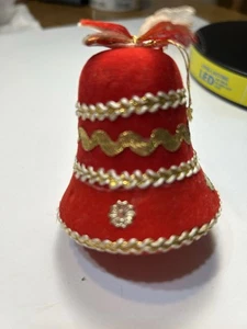Vintage Red Flocked Bell Christmas Ornament Ribbons Gold Trim Bell 2-1/2" Japan - Picture 1 of 7