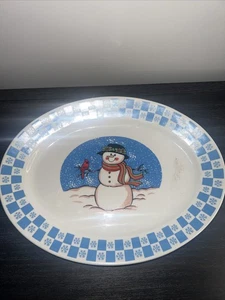 GEI Ceramic Snowman W/Red Cardinal Blue White Checkered Snowflake 14"  Platter - Picture 1 of 4