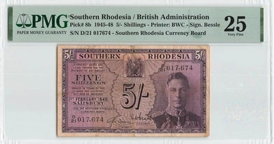 SOUTHERN RHODESIA 5 Shillings 1953, P-8b, PMG 25 VF Very Fine, Good Appearance - Image 1 of 2