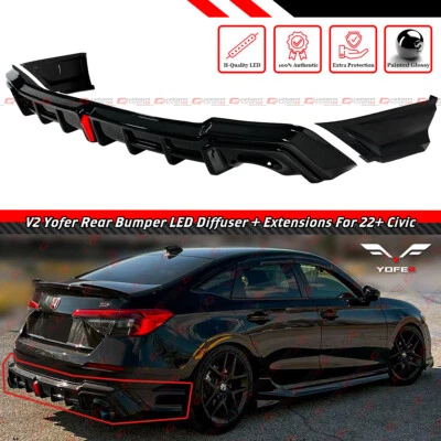 FOR 22-25 HONDA CIVIC SEDAN YOFER V2 GLOSS BLACK LED REAR DIFFUSER+ CORNER SPATS - Image 1 of 4