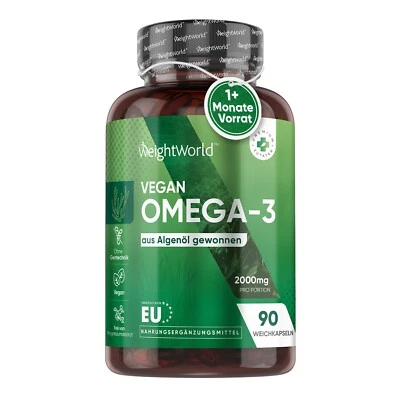 WEIGHTWORLD Omega 3 Vegan 2000mg Kapseln 90 Softgels | Herz, Gehirn, Sehkraft & Blutdruck