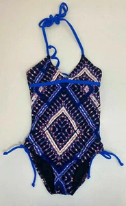 HURLEY GIRLS TIE DYE ONE PIECE HALTER V NECK TIE BACK SWIMSUIT BLUE 10 NEW $49 - Picture 1 of 2