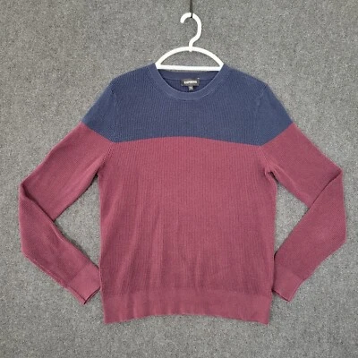 Express Sweater Mens Small Blue Maroon Pullover Crew Neck Colorblock Stretch - Image 1 of 4