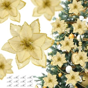 36 Pcs Christmas Glitter Poinsettia Flowers Artificial Flower Ornaments Fake ... - Picture 1 of 6