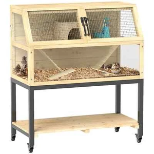 Wooden Hamster Cage with Storage Shelf, Wheels, Ramps, Water Bottle, - Picture 1 of 12