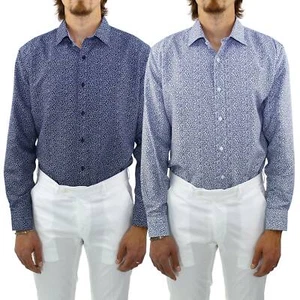 Camicia Uomo Slim Fit Manica Lunga Blu Bianca Microfantasia Fiori Sartoriale - Imagen 1 de 7