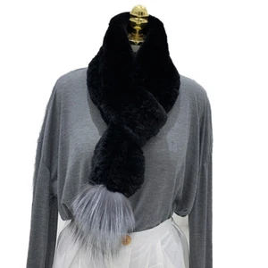 Real Rex Rabbit Fur Scarf Winter Warm Neckerchief Fox Fur Pom pom Fluffy Soft - Picture 1 of 26
