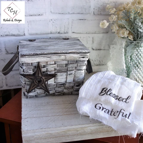 Rustic Farmhouse Serving Basket & Blessed Grateful Tattered Edge Tea Towels Cover