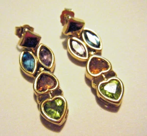 Vintage 80s 14k Gold 1.25" Dangle Drop Earrings With Multi Color Gem Stones 6.5g - Picture 1 of 6