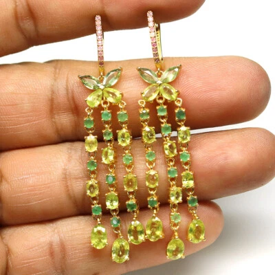 925 Sterling Silber Grün Titanit, Smaragd & Saphir Ohrringe - Bild 1 von 4