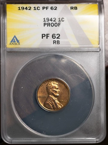 1942 1c Lincoln Wheat Cent PF 62 RB New ANACS # 7490117 + Bonus Cover