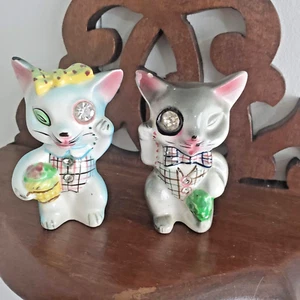 Vintage Lefton Salt & Pepper Shakers Cats Rhinestone Eye Japan DEFECTS retro - Picture 1 of 9