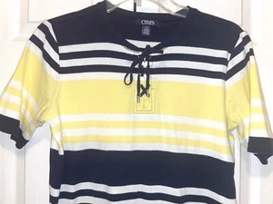Ralph Lauren Woman's Navy Blue Yellow & White Soft Lace Up Polo Shirt Sz L - Picture 1 of 5