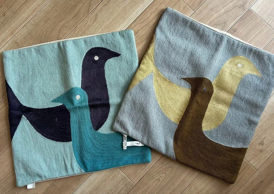 Jonathan Adler Partridge Bird Pillow Covers Set Embroidered JAPAN USED - Image 1 of 4