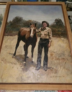 OOAK VTG 1977 Oil Painting On Board Cowboy & Horse Signed Geo M.Rostron 26 X 20" - Picture 1 of 24
