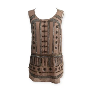 Camiseta sin mangas Lucky Brand adornada marrón latte holgada mediana boho geométrica - Imagen 1 de 6