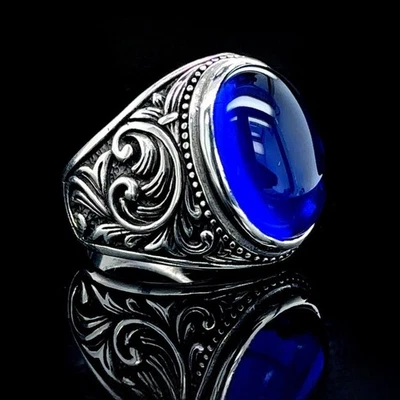 Anillo de zafiro azul grabado en plata con piedra de zafiro para hombre Foto 1 de 4