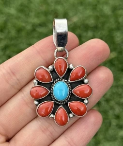 Colgante Navajo Plata Esterlina Coral Rojo Turquesa Racimo LY - Imagen 1 de 12