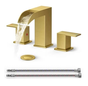 Waterfall Bathroom Sink Faucet 2 Handle 8 Inch Widespread Brushed Gold W/ Drain - Picture 1 of 6
