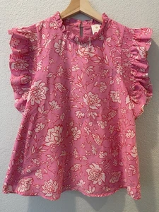 J. Marie Flatterärmel gesmokt Damen S rosa Blumen Rüschen Baumwolle Boho - Bild 1 von 7