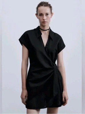 Vestido mameluco corto negro envolvente XL mezcla de lino anudado ZARA #W2 Foto 1 de 4