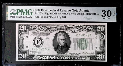  Billete de 20 dólares de la Reserva Federal Atlanta Fr. de 1934 2054-Fdgsm -PMG 30EPQ Foto 1 de 2
