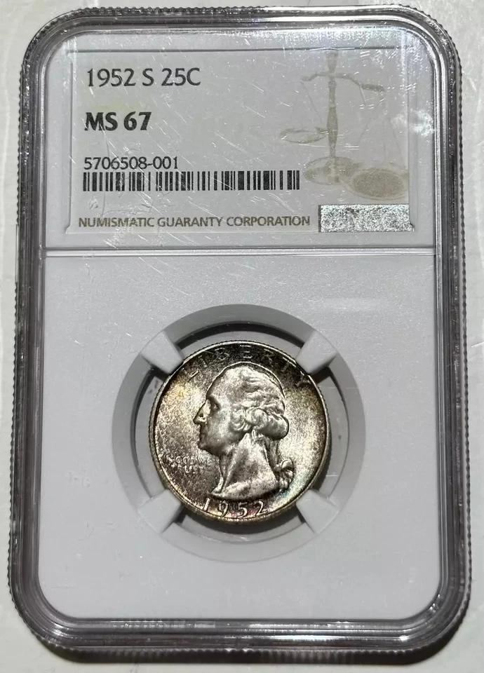 1952 S Washington Quarter NGC MS-67 some Rainbow Toning - Image 1 of 2