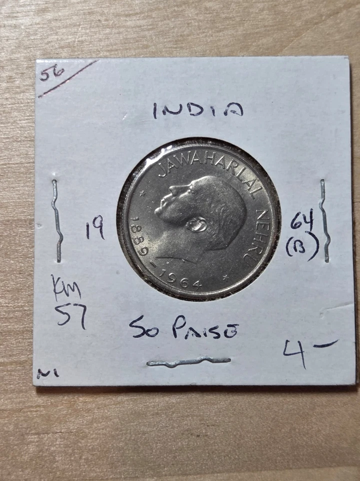 India 50-paise coin, 1964. KM# 57, nickel. Hindi legend. Nehru. Mumbai mint. - Image 1 of 4
