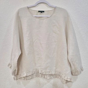 For Cynthia Sz M Natural Beige 100% Linen Dolman Ruffle Top Shirt Boxy Lagenlook - Picture 1 of 7