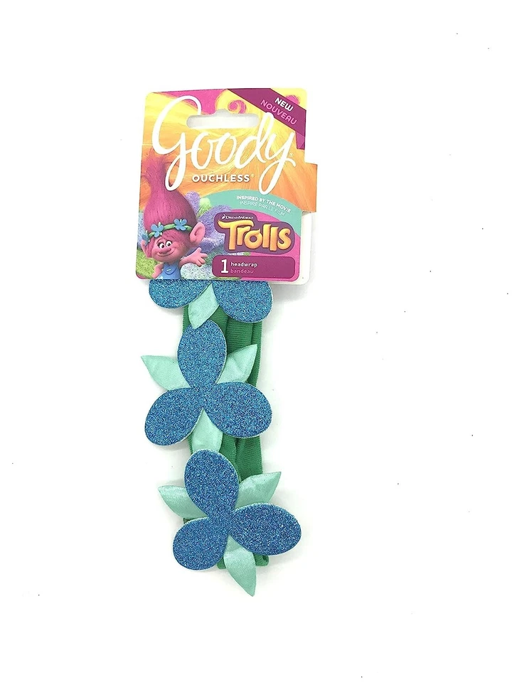 Trolls Ouchless 闪耀头巾! Poppy Flower 闪耀头巾 绿色和蓝色 — 第 1/1 张图片