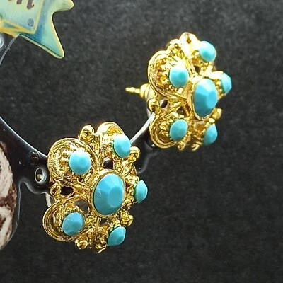 Pendientes con flores Michal Negrin poste grande chapados en oro imitación cristales turquesa regalo Foto 1 de 4