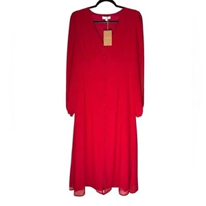 Rihoas Red Midi Dress Womens size Medium V-Neck Puff Sleeve Slit Chiffon NWT - Picture 1 of 9