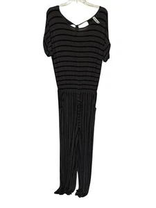 Zenana Premium Jumpsuit Gray Black Stripe Elastic Waist Knit Womans XL - Picture 1 of 7