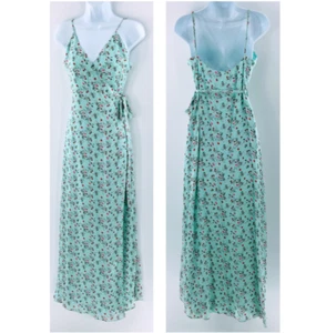 LPA Revolve Silk Maxi Wrap Dress Green Floral Sleeveless Tie Strap Sz S - Picture 1 of 15